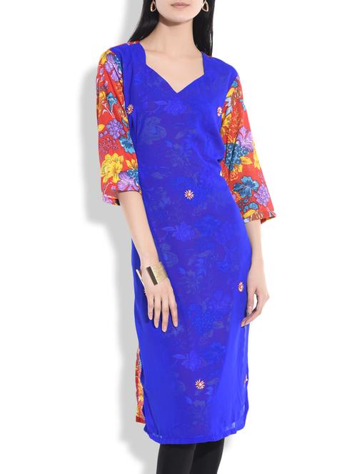 royal blue and red floral georgette kurta - 9808545 - Very Small Image - 1