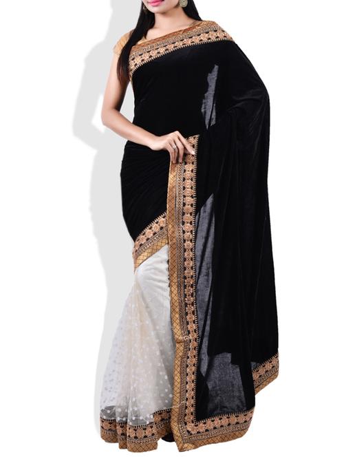 black, white velvet saree - 9809403 - Very Small Image - 1