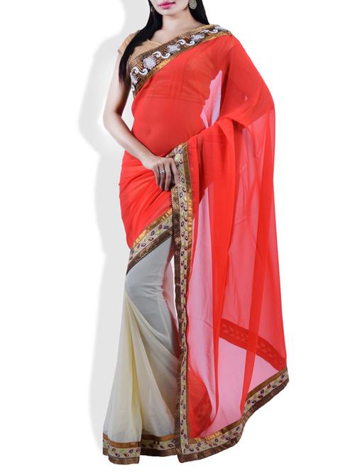 red, beige georgette saree - 9809409 - Very Small Image - 1