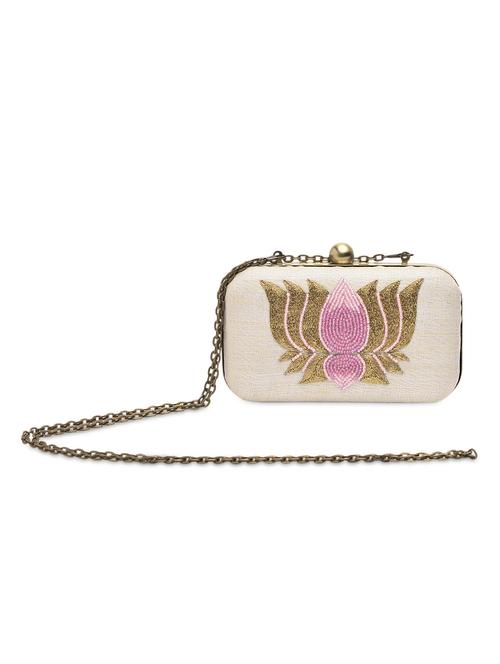 cream beaded lotus inspired clutch - 9819429 - Very Small Image - 1