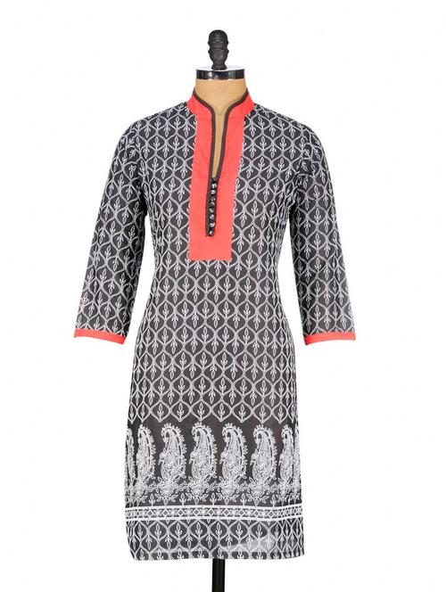 mandarin collar printed cotton kurta - 981946 - Very Small Image - 1