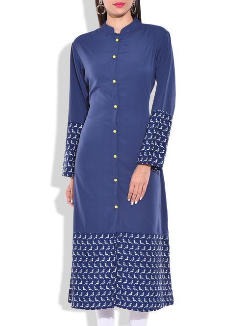 blue & white poly crepe kurta - 9820977 - Very Small Image - 1