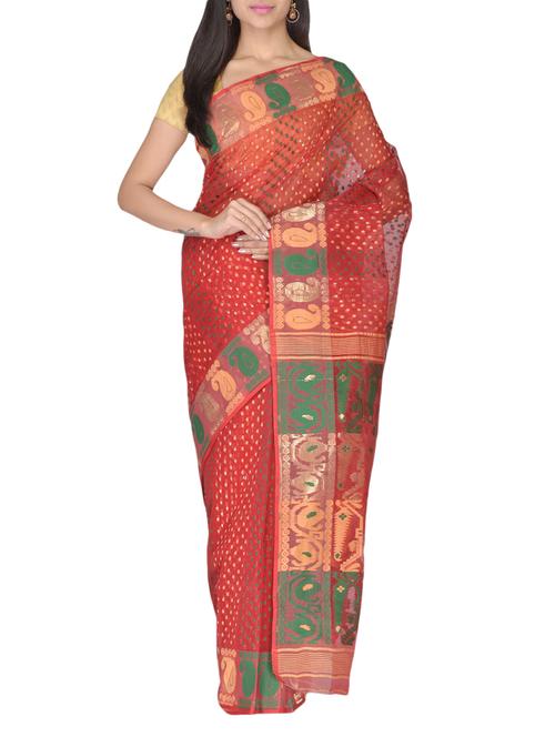 red dhakai jamdani cotton handloom saree - 9839914 - Very Small Image - 1