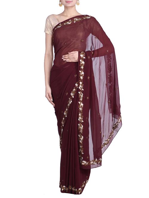 Maroon embellished chiffon saree - 9861013 - Very Small Image - 1