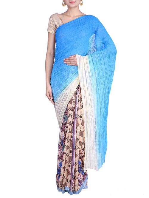 BEIGE,BLUE color chiffon Saree - 9861050 - Very Small Image - 1
