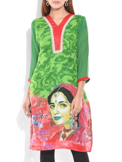 green and pink poly georgette printed kurta - 9871251 - Very Small Image - 1