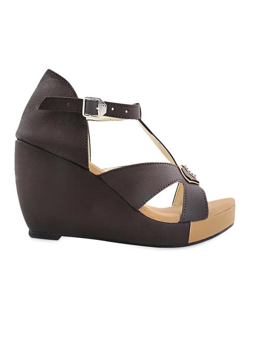 Leatherette Brown Buckle lace Open Toe Wedges - 987339 - Very Small Image - 1