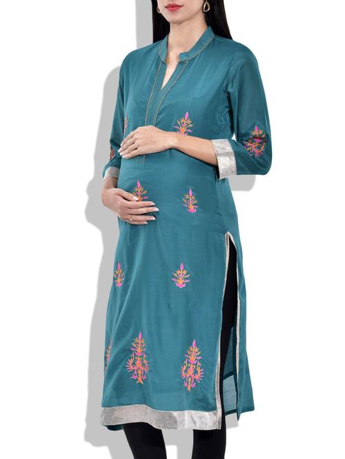 teal colored silk embroidered kurta - 9879551 - Very Small Image - 1