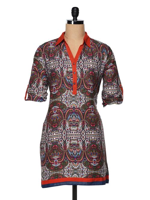 Shirt Collar Graphic Printed Casual Kurta - 988486 - Very Small Image - 1