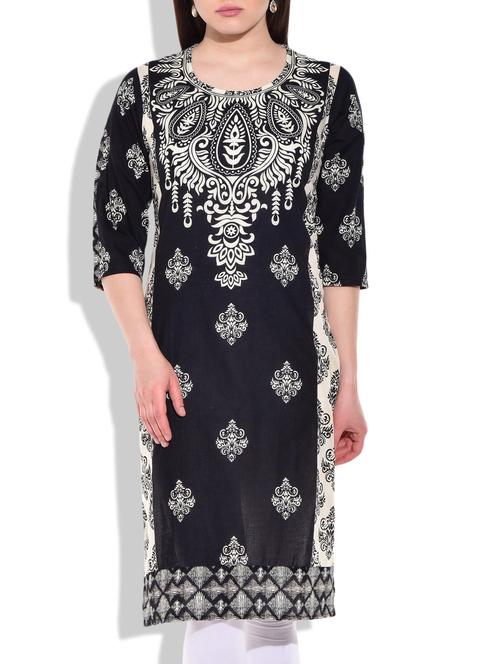 black- cream colored cotton printed kurta - 9899314 - Very Small Image - 1