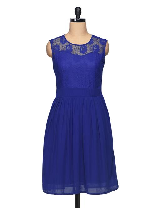 royal blue georgette sleeveless gathered dress - 990098 - Very Small Image - 1