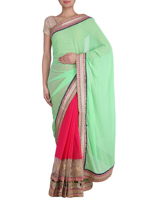 paroot green,pink georgette sraee. - 9905123 - Very Small Image - 1