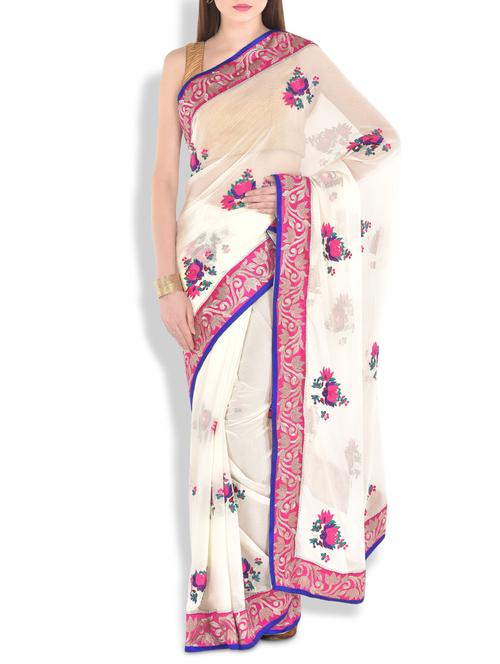 cream floral embroidered saree - 9909061 - Very Small Image - 1