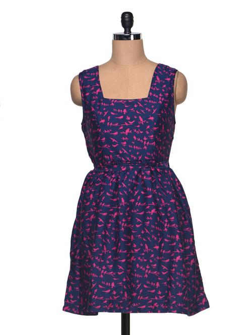 purple bird printed sleeveless dress with square neck - 992002 - Very Small Image - 1