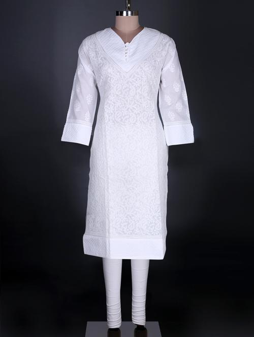 White Chikankari Cotton Kurta - 993299 - Very Small Image - 1