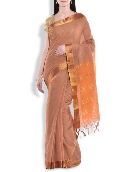 beige cotton saree with gold border - 9934280 - Very Small Image - 1
