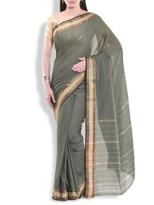 bottle green cotton saree with brocade border - 9934287 - Very Small Image - 1
