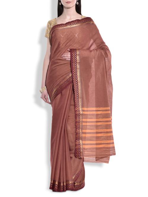 brown cotton saree with brocade border - 9934310 - Very Small Image - 1