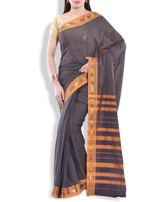 navy blue cotton checkered saree with brocade border - 9934339 - Very Small Image - 1