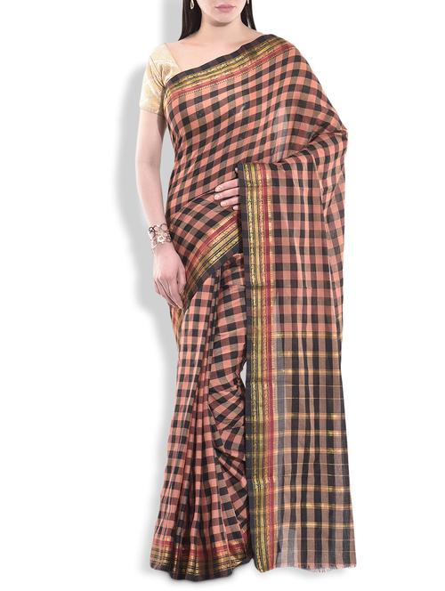 peach and black cotton checkered saree with brocade border - 9934342 - Very Small Image - 1
