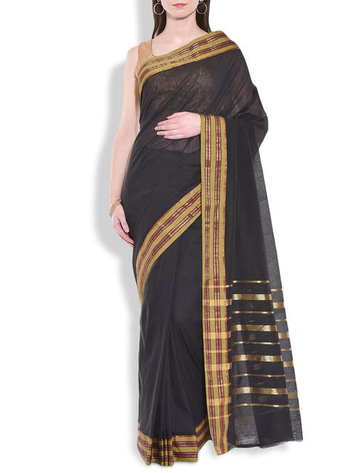 black cotton silk saree with green brocade border - 9934365 - Very Small Image - 1