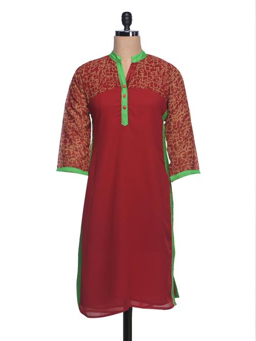 maroon printed mandarin collar georgette kurta - 994119 - Very Small Image - 1