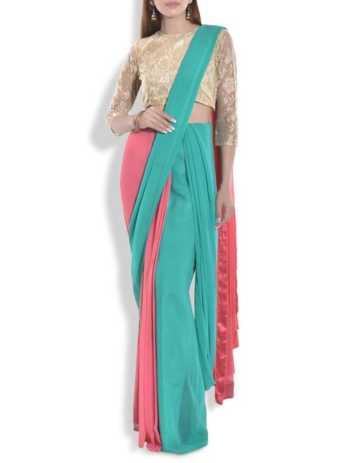 sea green and coral georgette drape saree with blouse - 9963979 - Very Small Image - 1