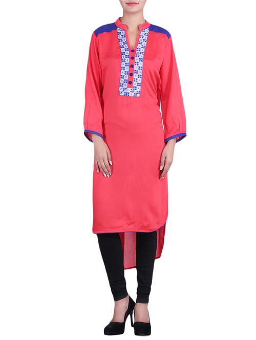 red color, rayon embroidered high low kurta - 9964054 - Very Small Image - 1
