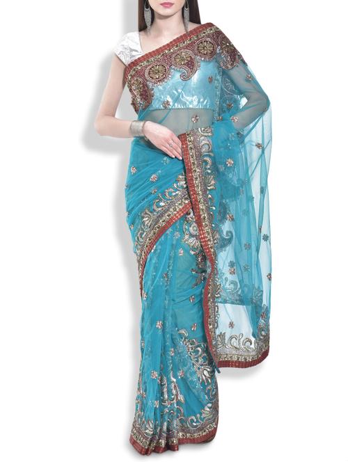 turquoise net embellished saree - 9970546 - Very Small Image - 1