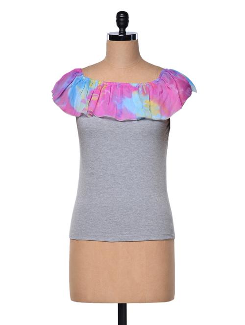 grey boat neck top with printed frill - 997125 - Very Small Image - 1
