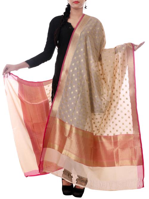 beige silk banarsi zari dupatta - 9973119 - Very Small Image - 1