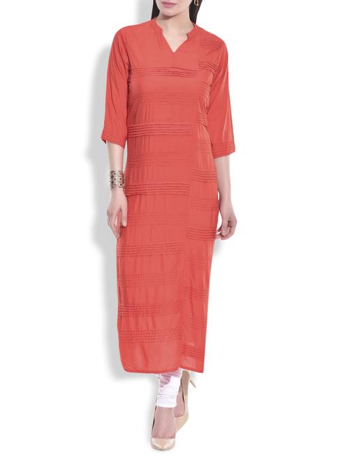 solid orange rayon tunic with pleated detailings - 9975288 - Very Small Image - 1