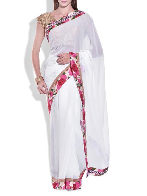 white georgette saree - 9977548 - Very Small Image - 1