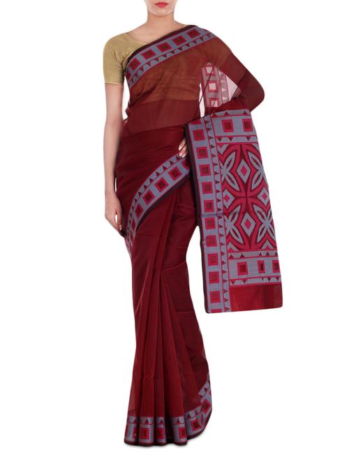 maroon supernet saree - 9977754 - Very Small Image - 1