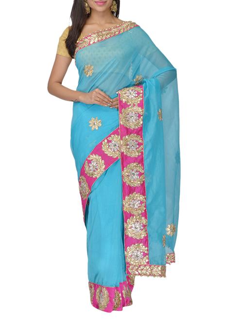 blue supernet patch work saree - 9979268 - Very Small Image - 1