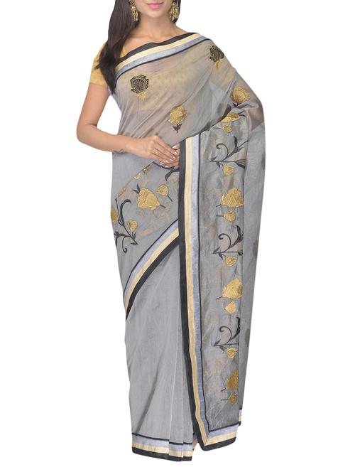 grey supernet patch work saree - 9979291 - Very Small Image - 1