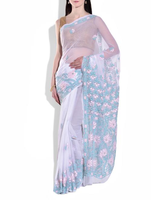 White and Green Poly Georgette Chikankari Saree - 9981417 - Very Small Image - 1