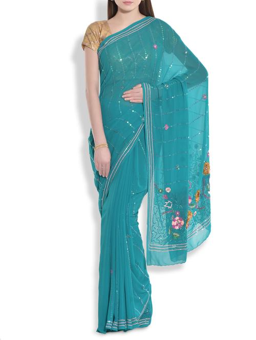 blue georgette sequined sari with blouse - 9983655 - Very Small Image - 1