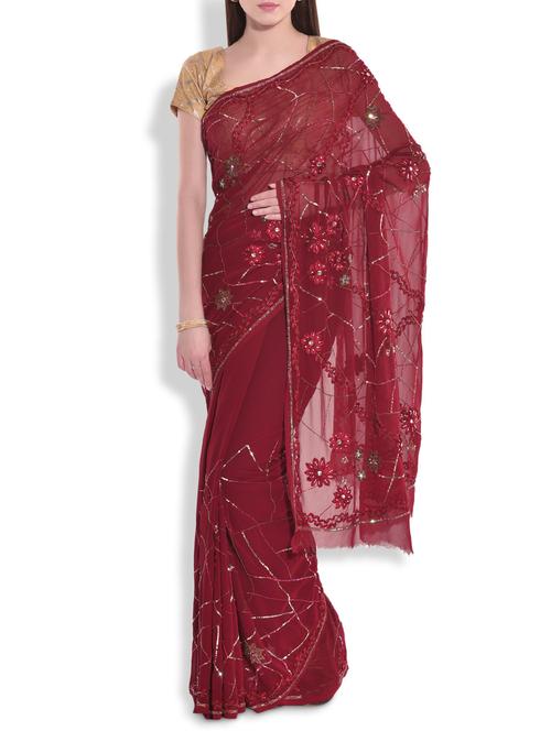 maroon georgette appliquã© sari - 9983666 - Very Small Image - 1