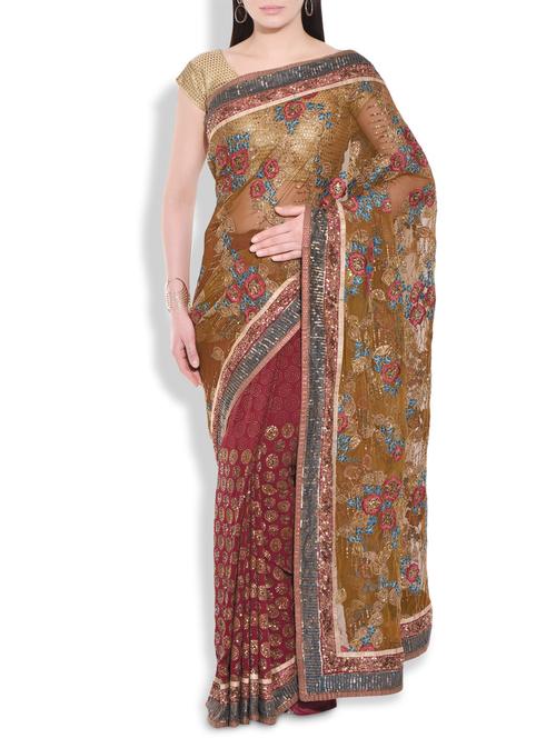 brown and maroon embroidered saree with sequined border - 9983690 - Very Small Image - 1
