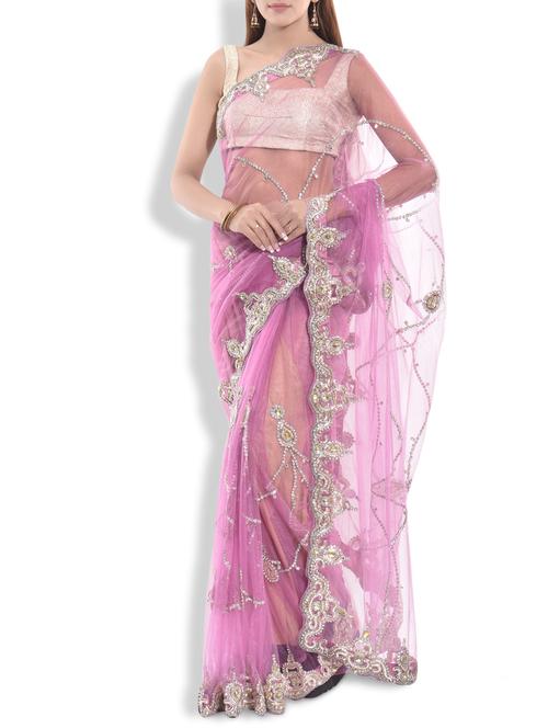 purple embroidered and embellished net saree - 9983702 - Very Small Image - 1