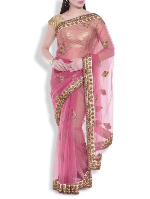 pink embroidered and embellished net saree - 9983703 - Very Small Image - 1