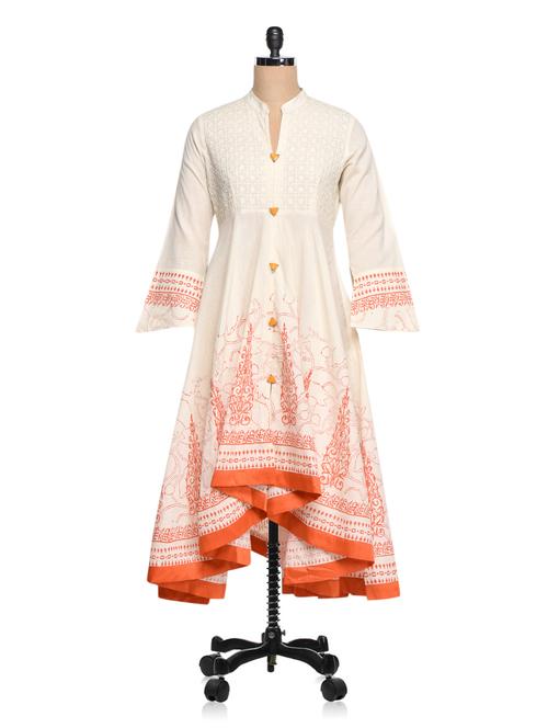 white embroidered asymmetrical cotton kurta - 998682 - Very Small Image - 1