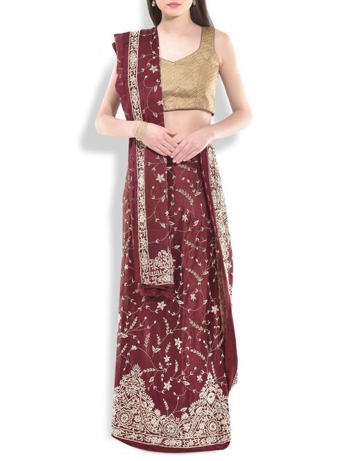 maroon dabka embroidered shantoon unstitched lehenga set - 9993551 - Very Small Image - 1