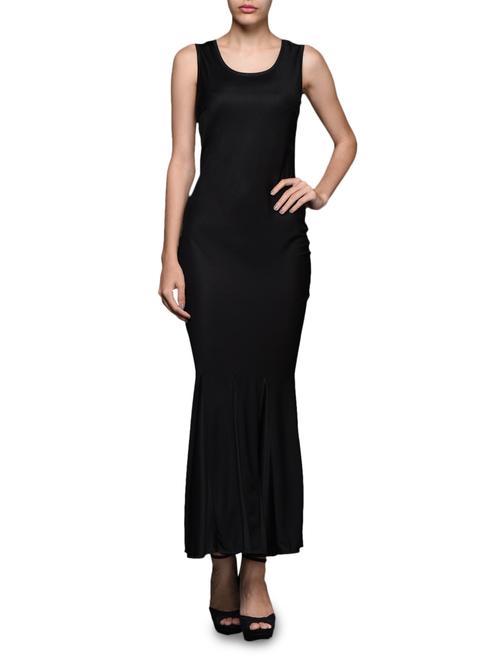 Sleeveless Round Neck Solid Black Long Dress - 1000431 - Very Small Image - 1
