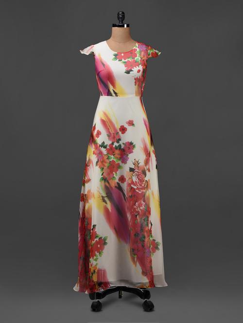 Floral Printed White Georgette Maxi Dress - 1000439 - Very Small Image - 1