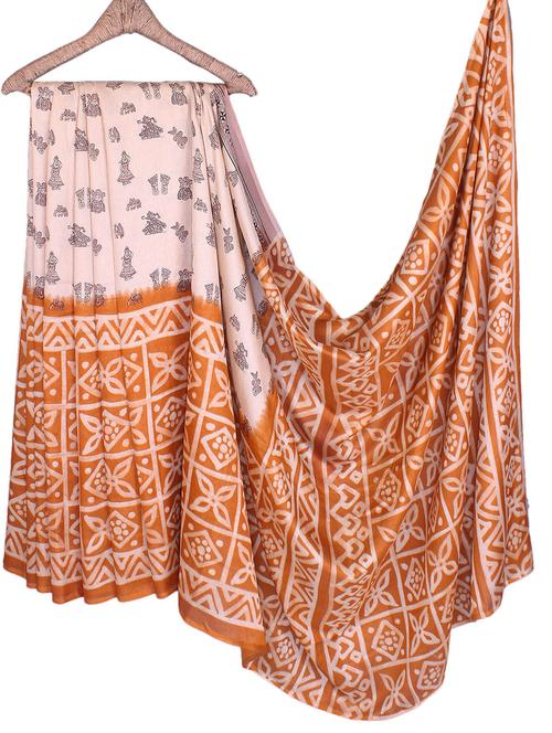 beige & mustard printed jute silk saree - 1005930 - Very Small Image - 1