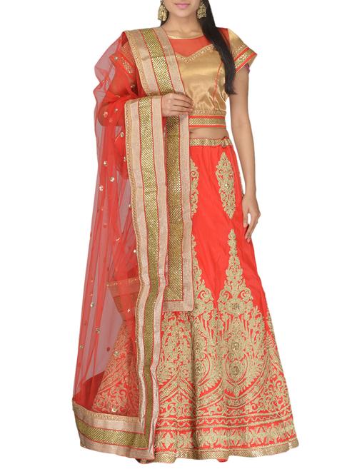 orange patchworked raw silk lehenga set - 10068252 - Very Small Image - 1