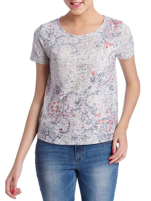 light grey printed round neck top - 10078172 - Very Small Image - 1