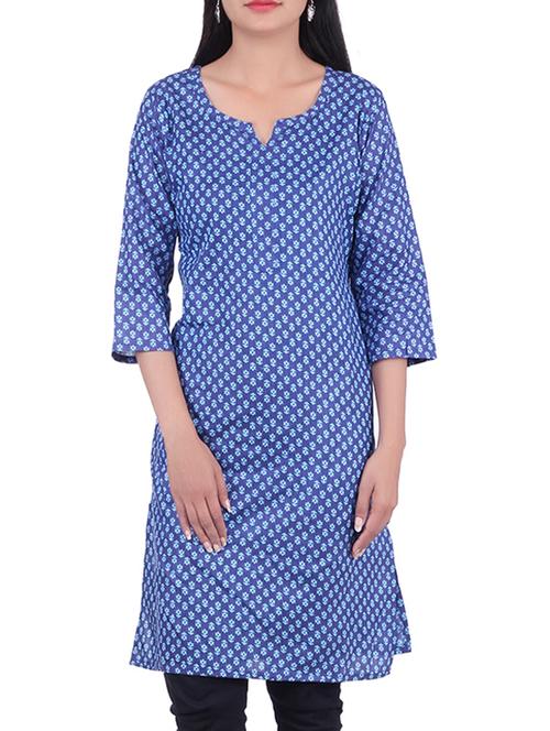 blue cotton straight kurta - 10082453 - Very Small Image - 1